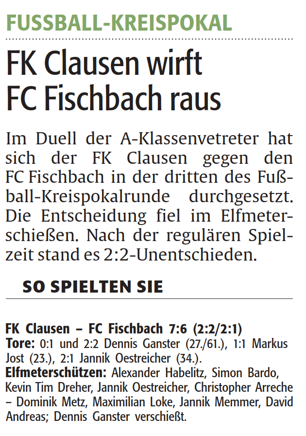 FK Clausen wirft FC Fischbach raus